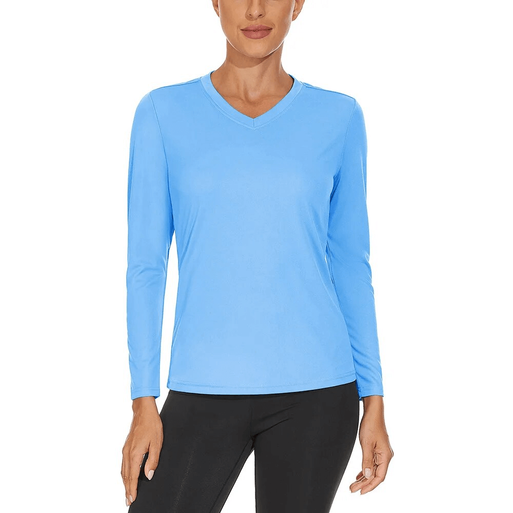 Sun-protective women's V-neck sports top, quick-dry and breathable with UPF 50+ protection, ideal for hiking.